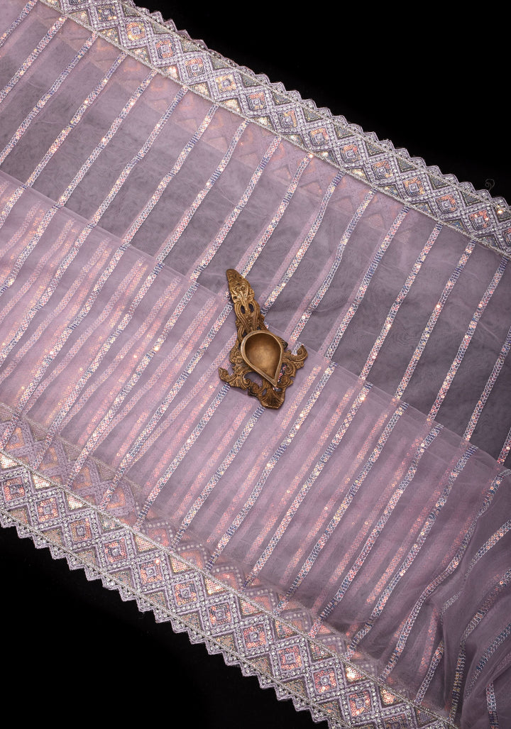 Dusty Lilac Stripes Design Sequins on Net Saree