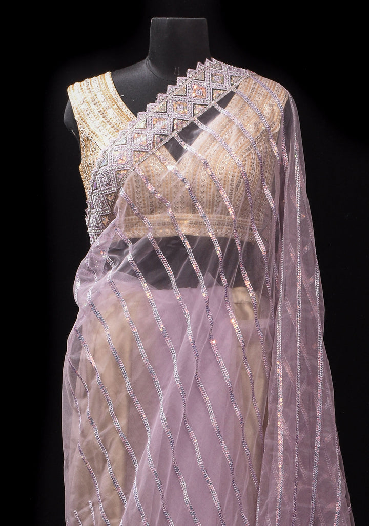 Dusty Lilac Stripes Design Sequins on Net Saree