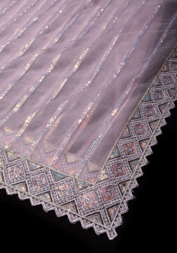 Dusty Lilac Stripes Design Sequins on Net Saree