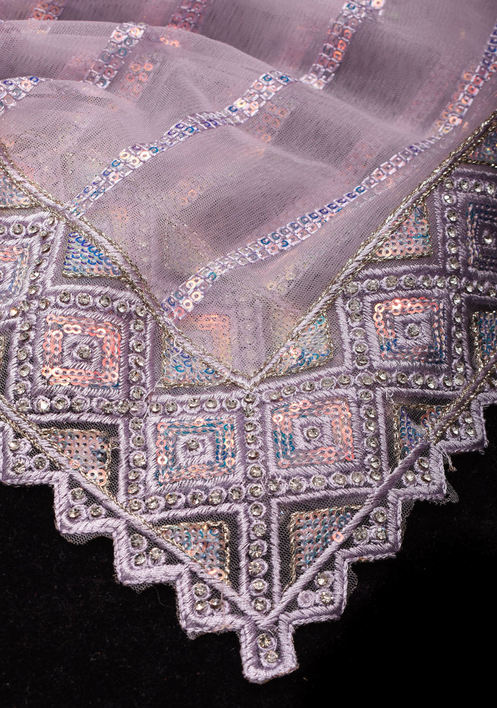 Dusty Lilac Stripes Design Sequins on Net Saree