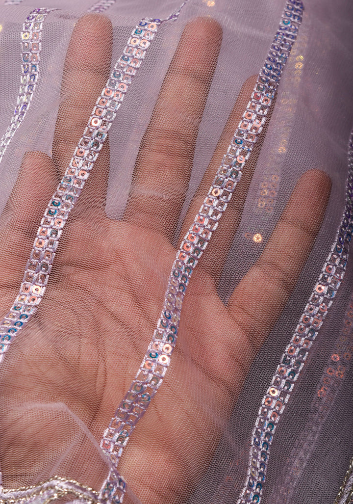 Dusty Lilac Stripes Design Sequins on Net Saree