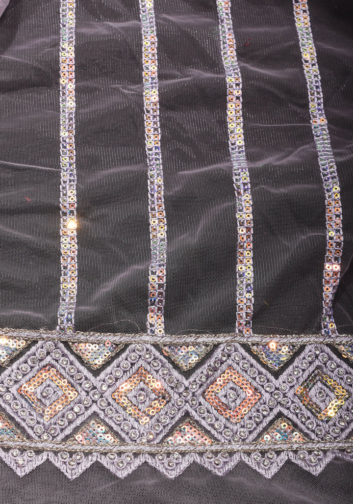 Dusty Lilac Stripes Design Sequins on Net Saree