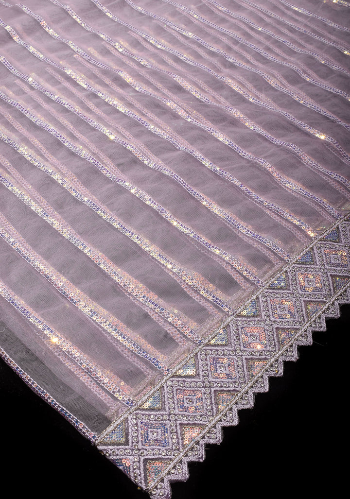 Dusty Lilac Stripes Design Sequins on Net Saree