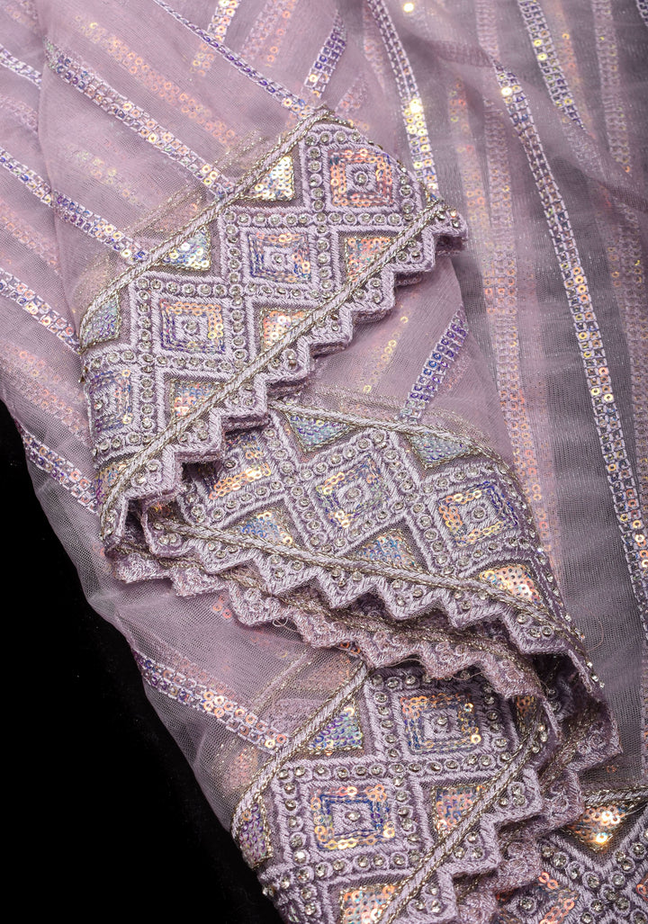 Dusty Lilac Stripes Design Sequins on Net Saree