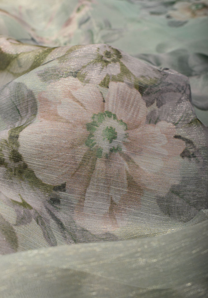 Lightweight Shimmer Georgette Saeee in Mint Green with Florals