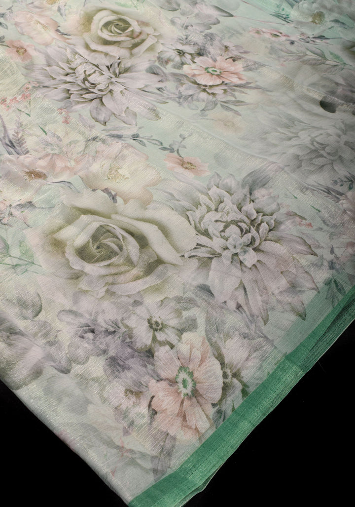 Lightweight Shimmer Georgette Saeee in Mint Green with Florals