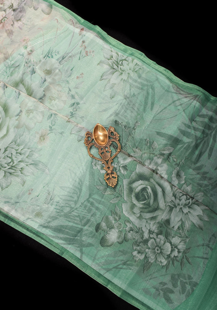 Lightweight Shimmer Georgette Saeee in Mint Green with Florals