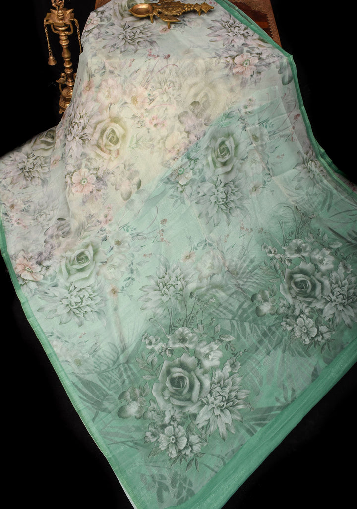 Lightweight Shimmer Georgette Saeee in Mint Green with Florals