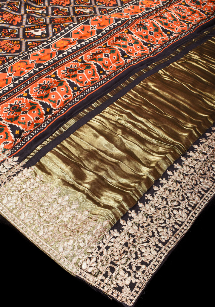 Black Patola Digital Print Gajji Silk Saree with Gotta Patti Border and Crushed Pallu