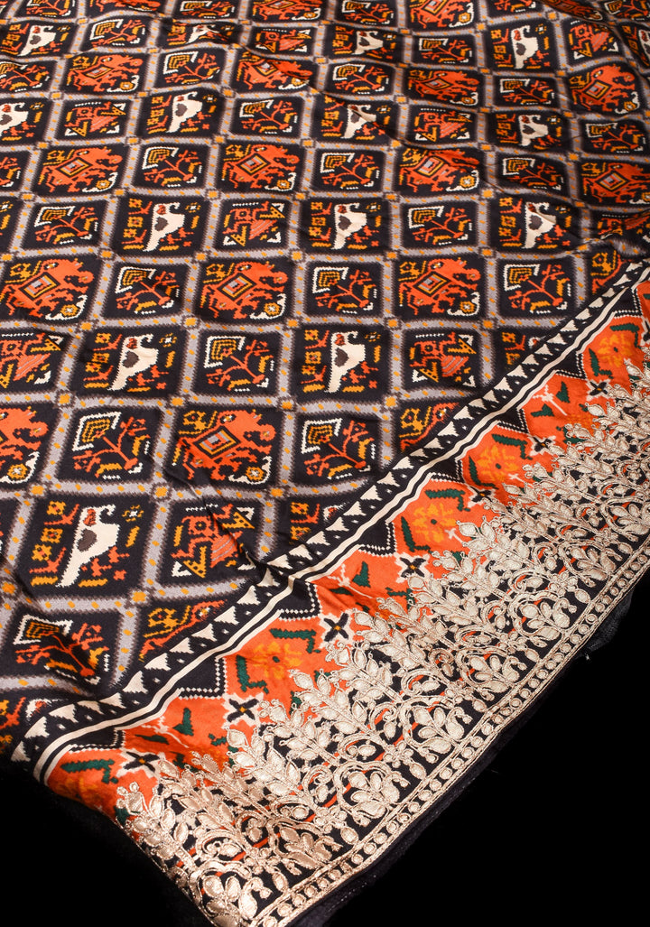 Black Patola Digital Print Gajji Silk Saree with Gotta Patti Border and Crushed Pallu