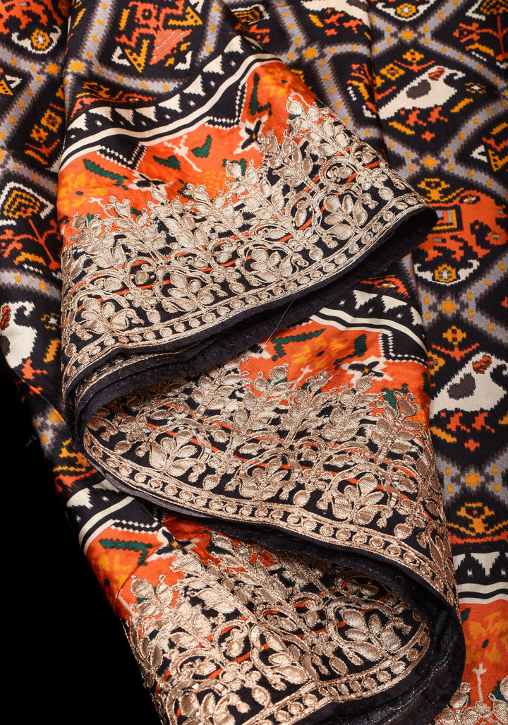 Black Patola Digital Print Gajji Silk Saree with Gotta Patti Border and Crushed Pallu