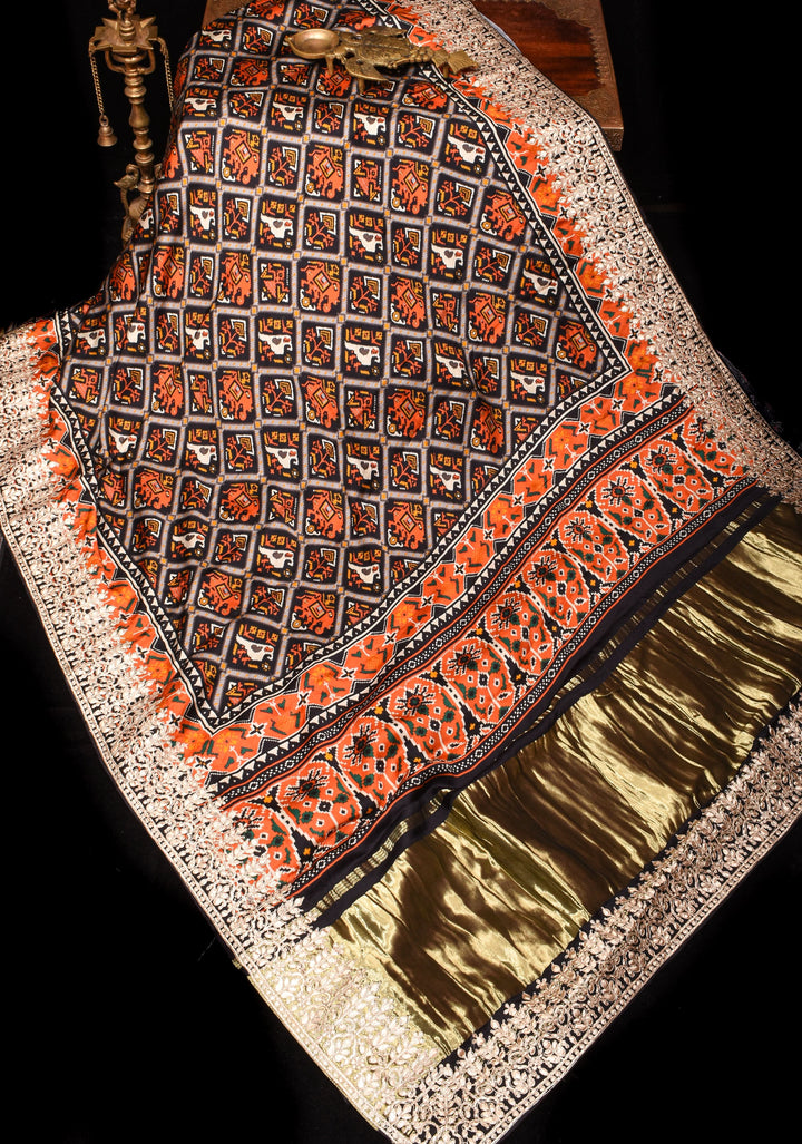 Black Patola Digital Print Gajji Silk Saree with Gotta Patti Border and Crushed Pallu