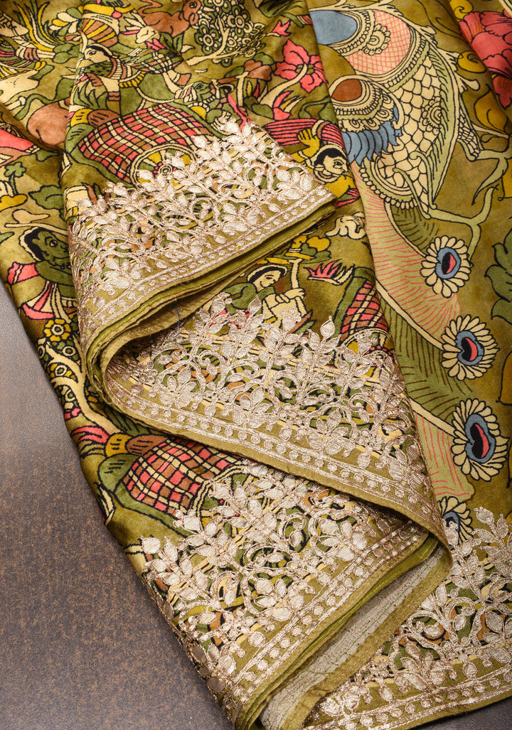 Green Gajji Silk Saree with Village Theme Kalamkari Digital Print and Gotta Patti Border