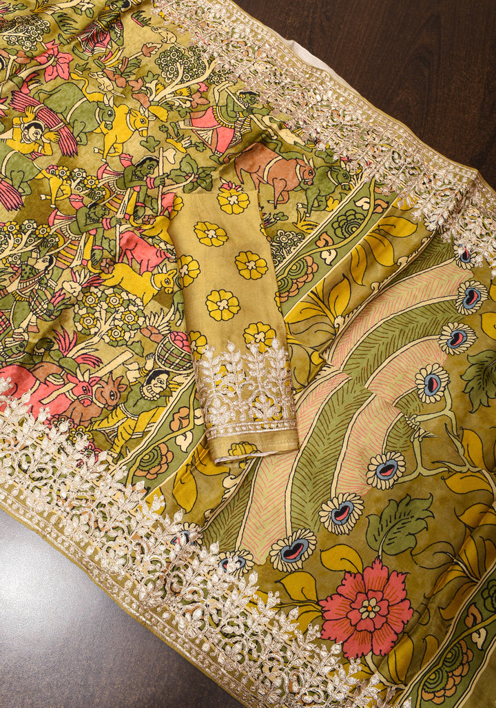 Green Gajji Silk Saree with Village Theme Kalamkari Digital Print and Gotta Patti Border