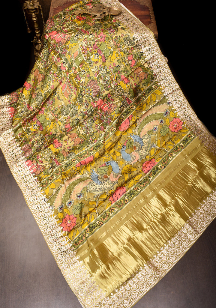 Green Gajji Silk Saree with Village Theme Kalamkari Digital Print and Gotta Patti Border