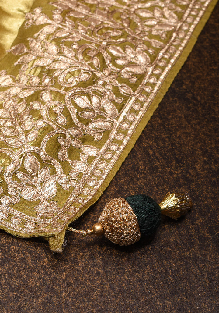 Green Gajji Silk Saree with Village Theme Kalamkari Digital Print and Gotta Patti Border