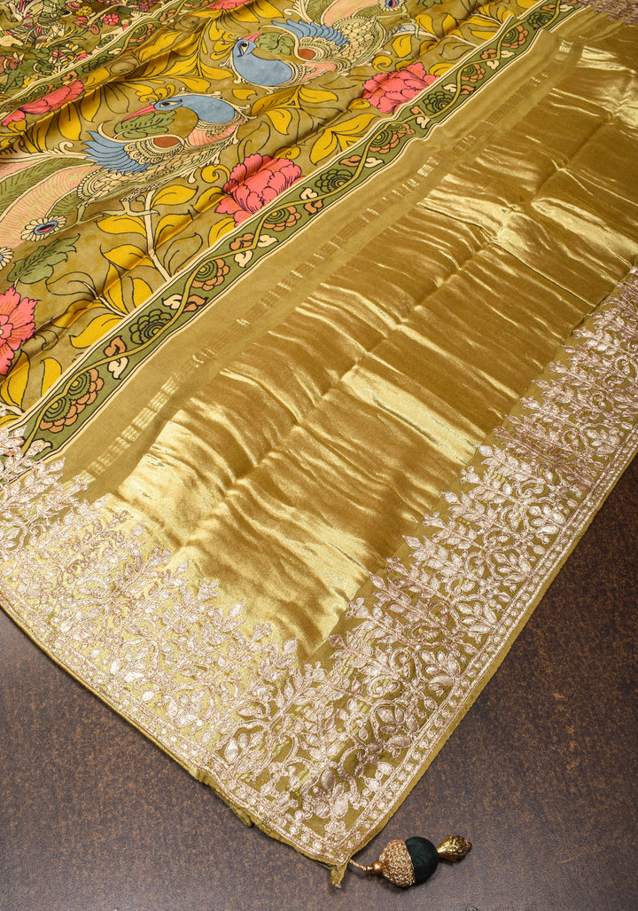 Green Gajji Silk Saree with Village Theme Kalamkari Digital Print and Gotta Patti Border