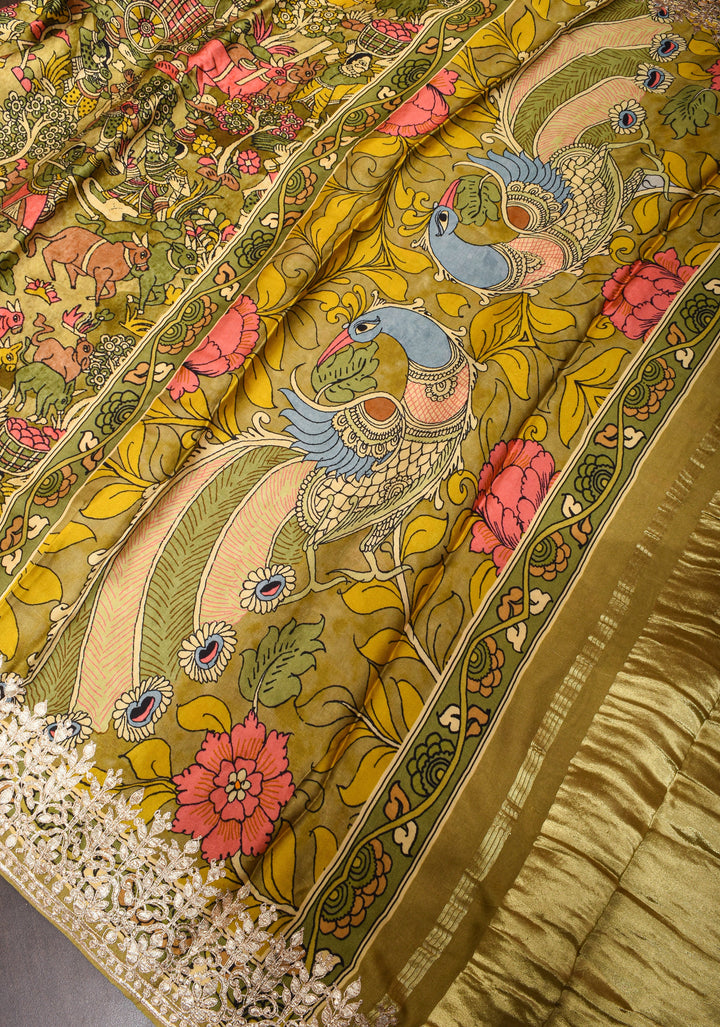 Green Gajji Silk Saree with Village Theme Kalamkari Digital Print and Gotta Patti Border