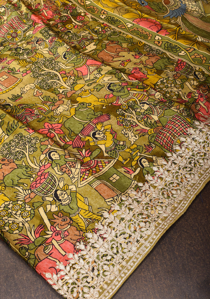 Green Gajji Silk Saree with Village Theme Kalamkari Digital Print and Gotta Patti Border