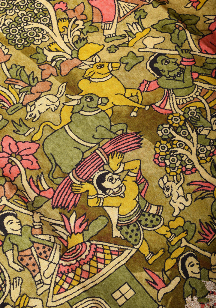 Green Gajji Silk Saree with Village Theme Kalamkari Digital Print and Gotta Patti Border