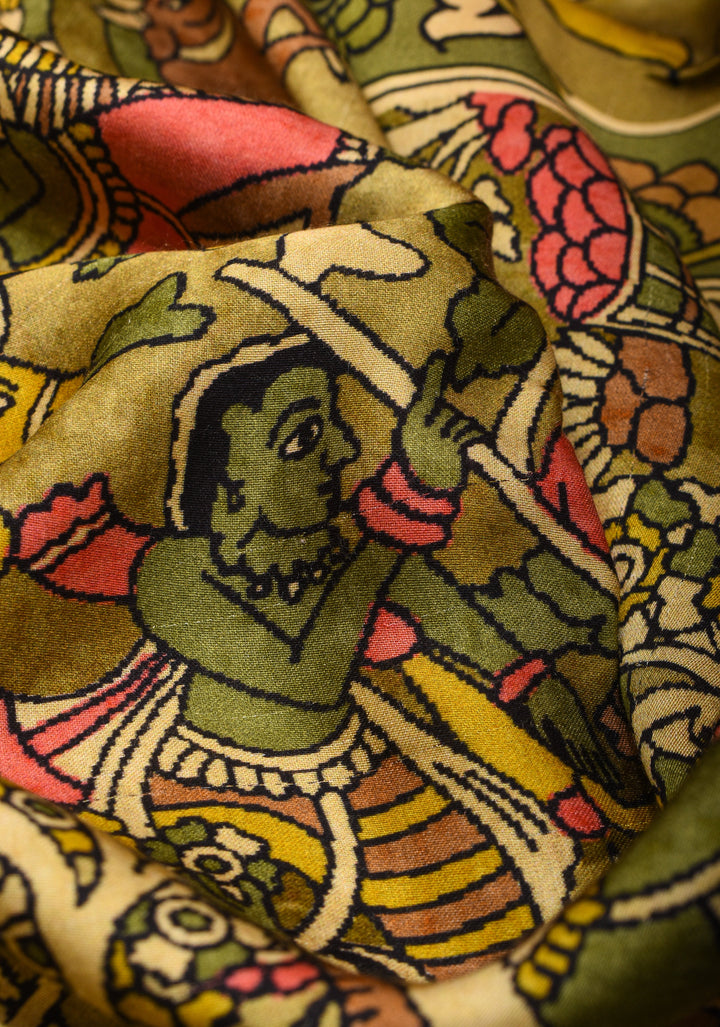 Green Gajji Silk Saree with Village Theme Kalamkari Digital Print and Gotta Patti Border