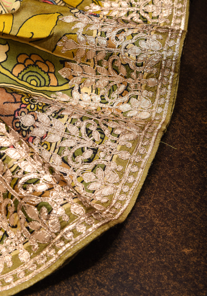 Green Gajji Silk Saree with Village Theme Kalamkari Digital Print and Gotta Patti Border