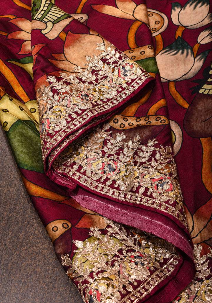 Burgandy Gajji Silk Saree with Gotta Patti Border,Crushed zari pallu and vishnu theme kalamkari Digital Print