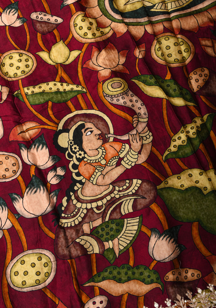 Burgandy Gajji Silk Saree with Gotta Patti Border,Crushed zari pallu and vishnu theme kalamkari Digital Print