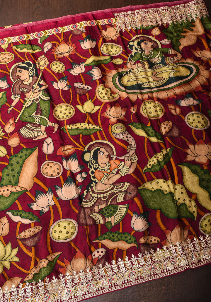 Burgandy Gajji Silk Saree with Gotta Patti Border,Crushed zari pallu and vishnu theme kalamkari Digital Print