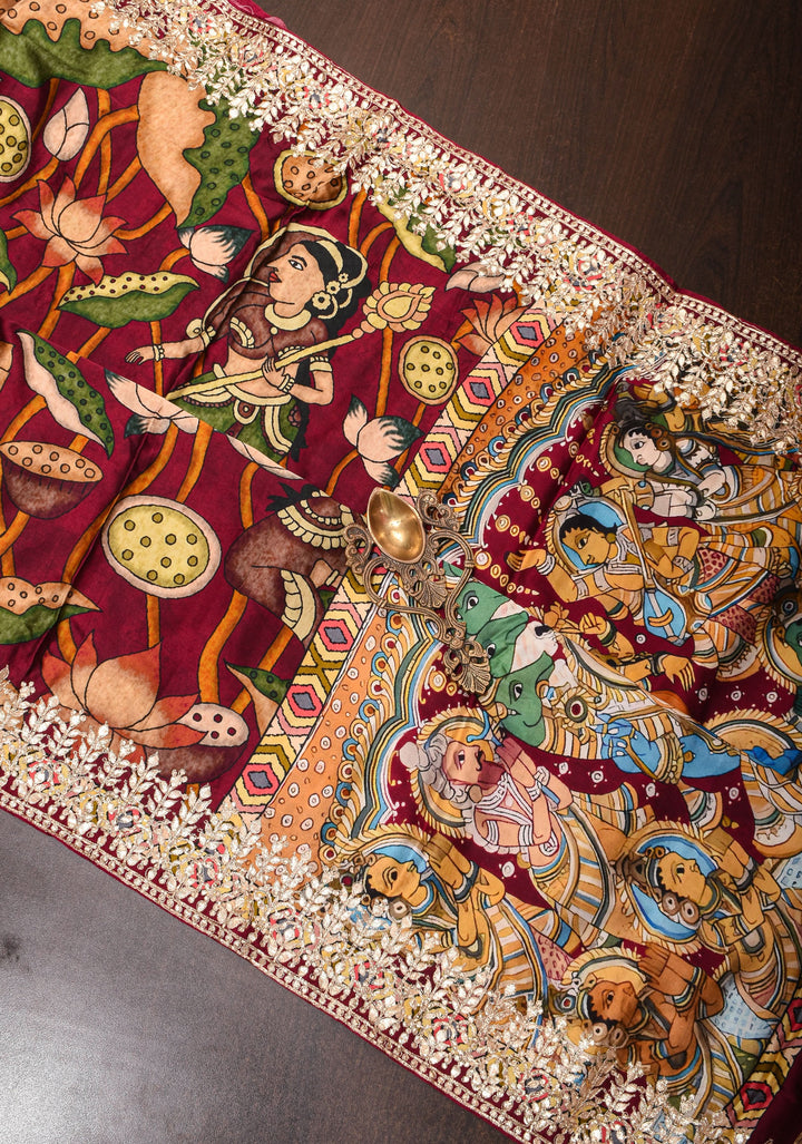 Burgandy Gajji Silk Saree with Gotta Patti Border,Crushed zari pallu and vishnu theme kalamkari Digital Print
