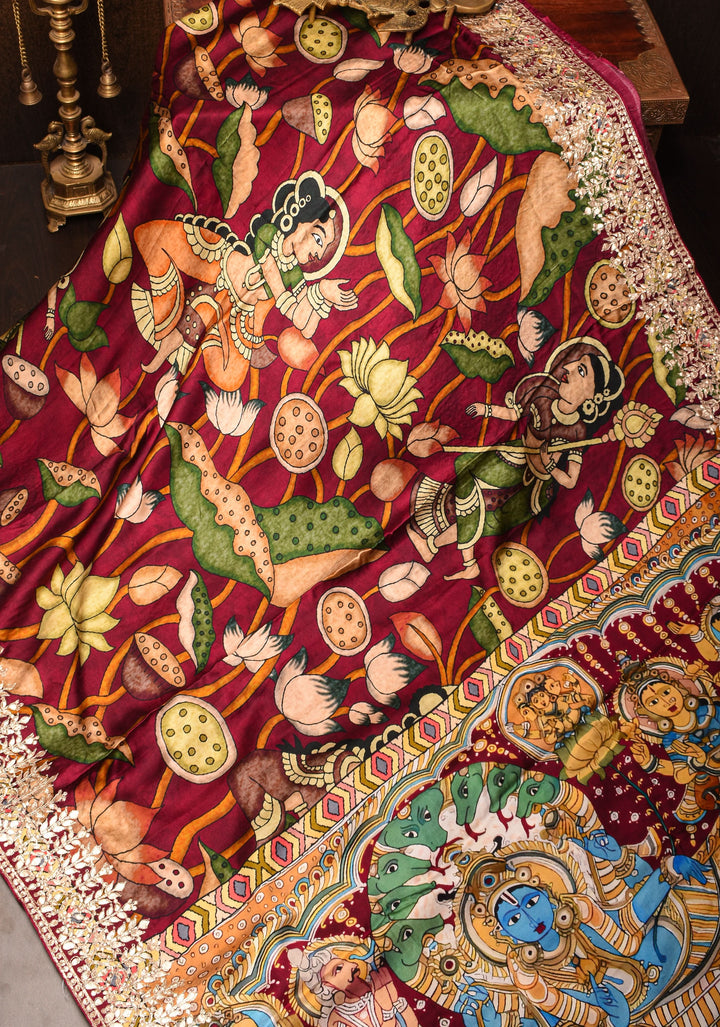 Burgandy Gajji Silk Saree with Gotta Patti Border,Crushed zari pallu and vishnu theme kalamkari Digital Print