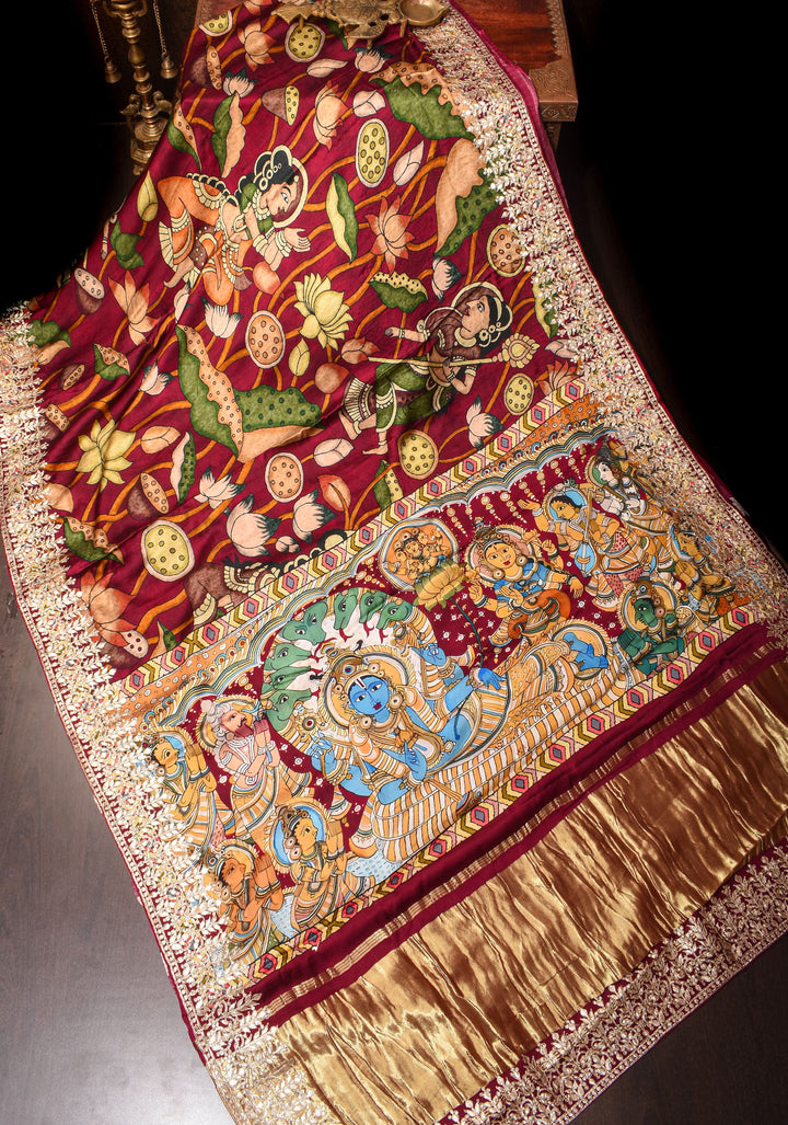 Burgandy Gajji Silk Saree with Gotta Patti Border,Crushed zari pallu and vishnu theme kalamkari Digital Print