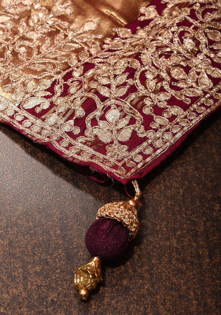 Burgandy Gajji Silk Saree with Gotta Patti Border,Crushed zari pallu and vishnu theme kalamkari Digital Print