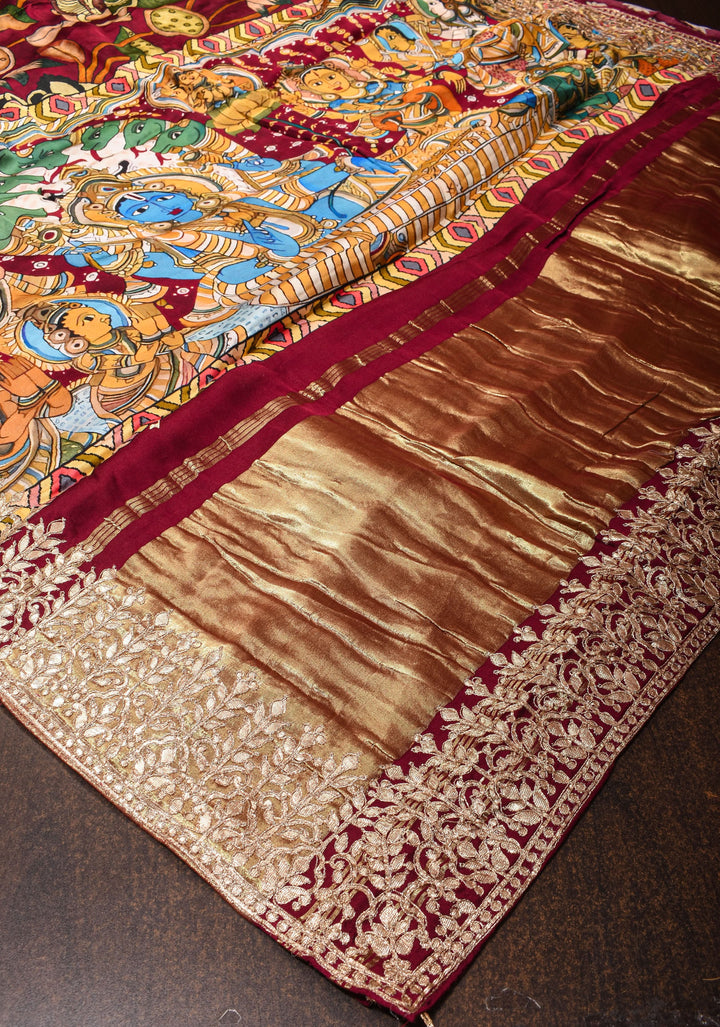 Burgandy Gajji Silk Saree with Gotta Patti Border,Crushed zari pallu and vishnu theme kalamkari Digital Print