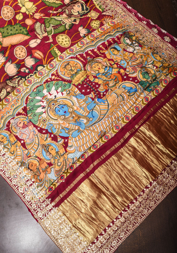 Burgandy Gajji Silk Saree with Gotta Patti Border,Crushed zari pallu and vishnu theme kalamkari Digital Print