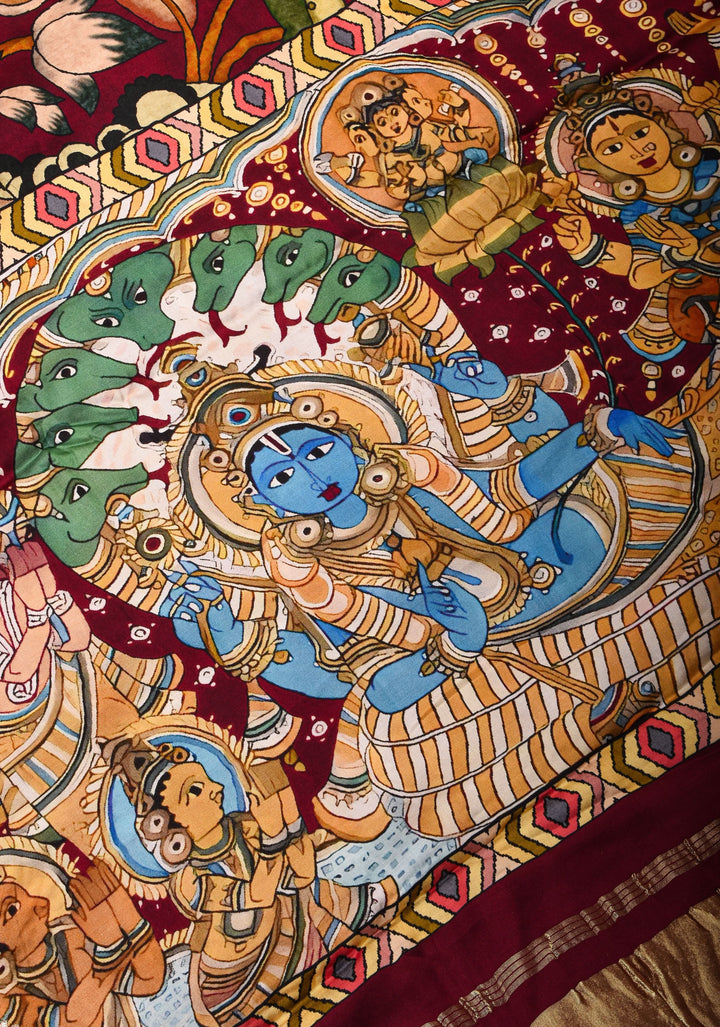 Burgandy Gajji Silk Saree with Gotta Patti Border,Crushed zari pallu and vishnu theme kalamkari Digital Print