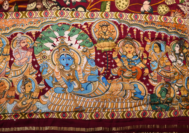 Burgandy Gajji Silk Saree with Gotta Patti Border,Crushed zari pallu and vishnu theme kalamkari Digital Print