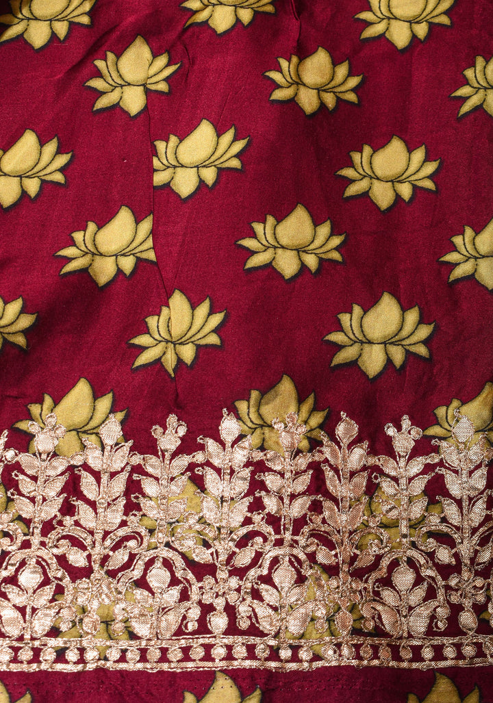 Burgandy Gajji Silk Saree with Gotta Patti Border,Crushed zari pallu and vishnu theme kalamkari Digital Print