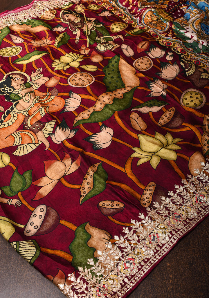 Burgandy Gajji Silk Saree with Gotta Patti Border,Crushed zari pallu and vishnu theme kalamkari Digital Print