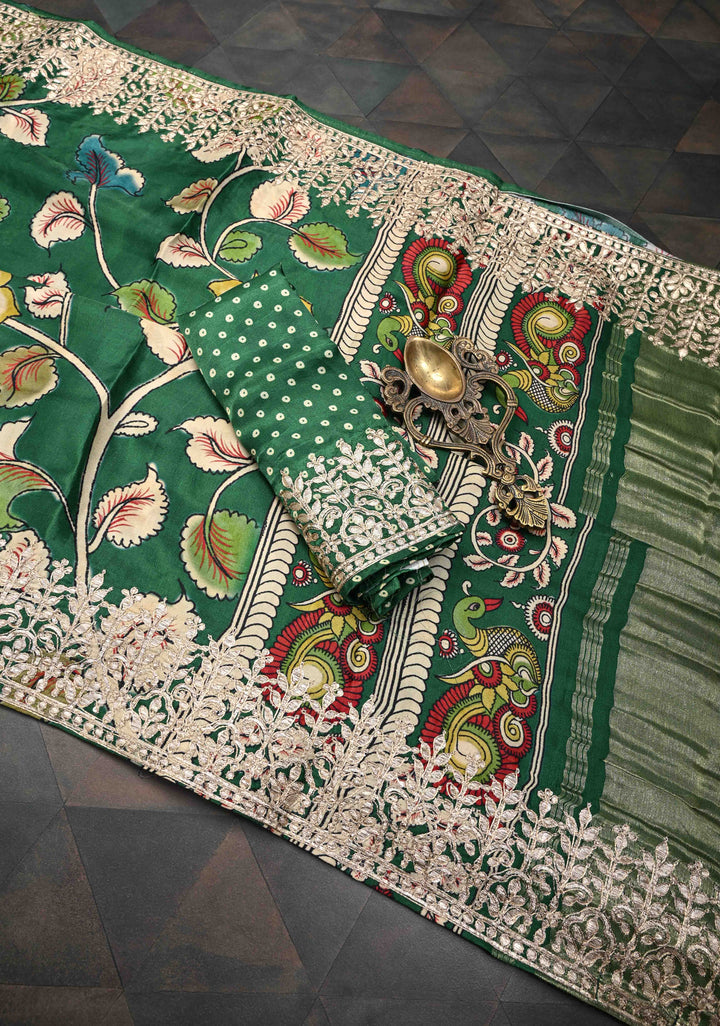 Green Gajji Silk Saree with Gotta Patti Border and Kalamkari Leaf Digital Print