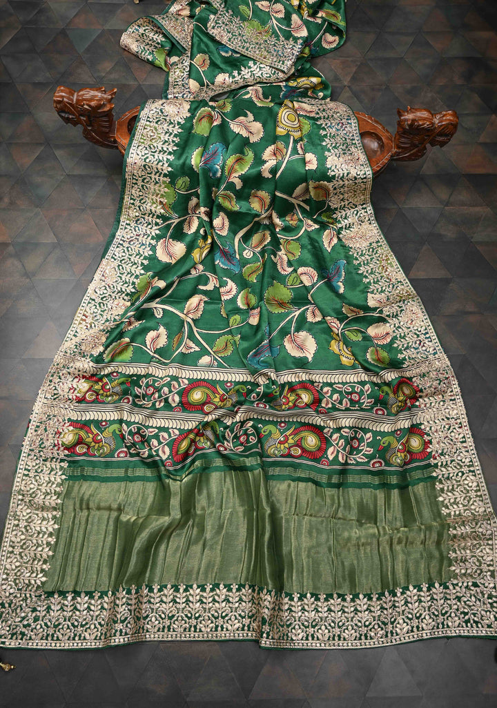 Green Gajji Silk Saree with Gotta Patti Border and Kalamkari Leaf Digital Print