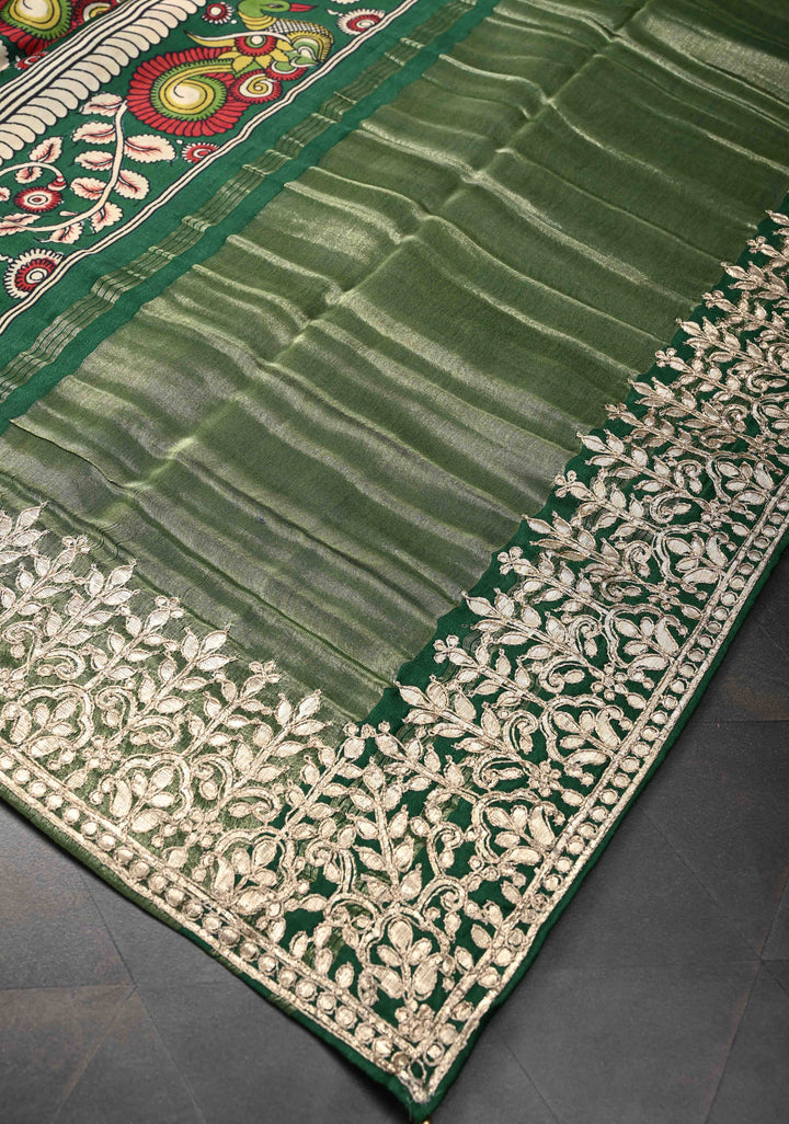 Green Gajji Silk Saree with Gotta Patti Border and Kalamkari Leaf Digital Print