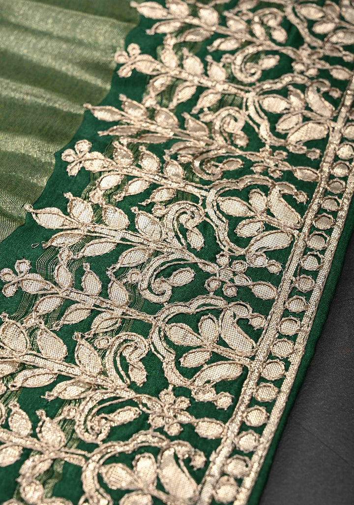 Green Gajji Silk Saree with Gotta Patti Border and Kalamkari Leaf Digital Print