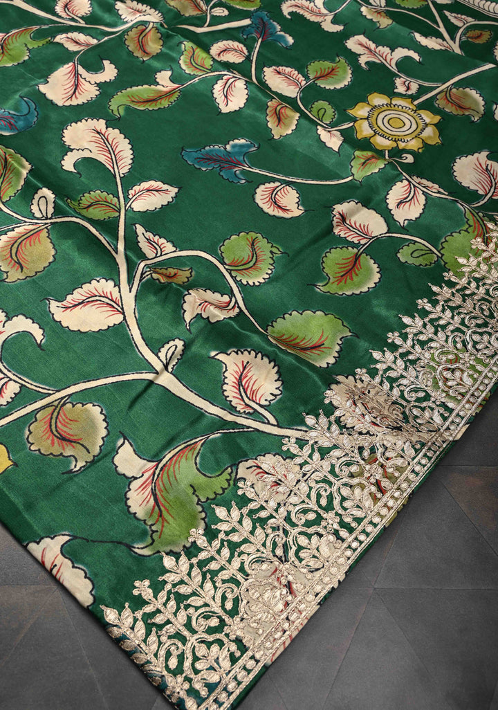 Green Gajji Silk Saree with Gotta Patti Border and Kalamkari Leaf Digital Print