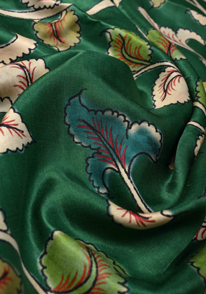 Green Gajji Silk Saree with Gotta Patti Border and Kalamkari Leaf Digital Print