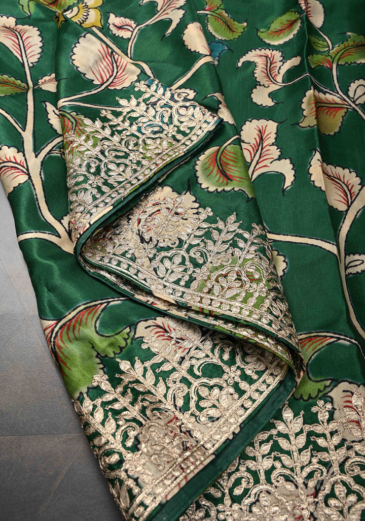 Green Gajji Silk Saree with Gotta Patti Border and Kalamkari Leaf Digital Print