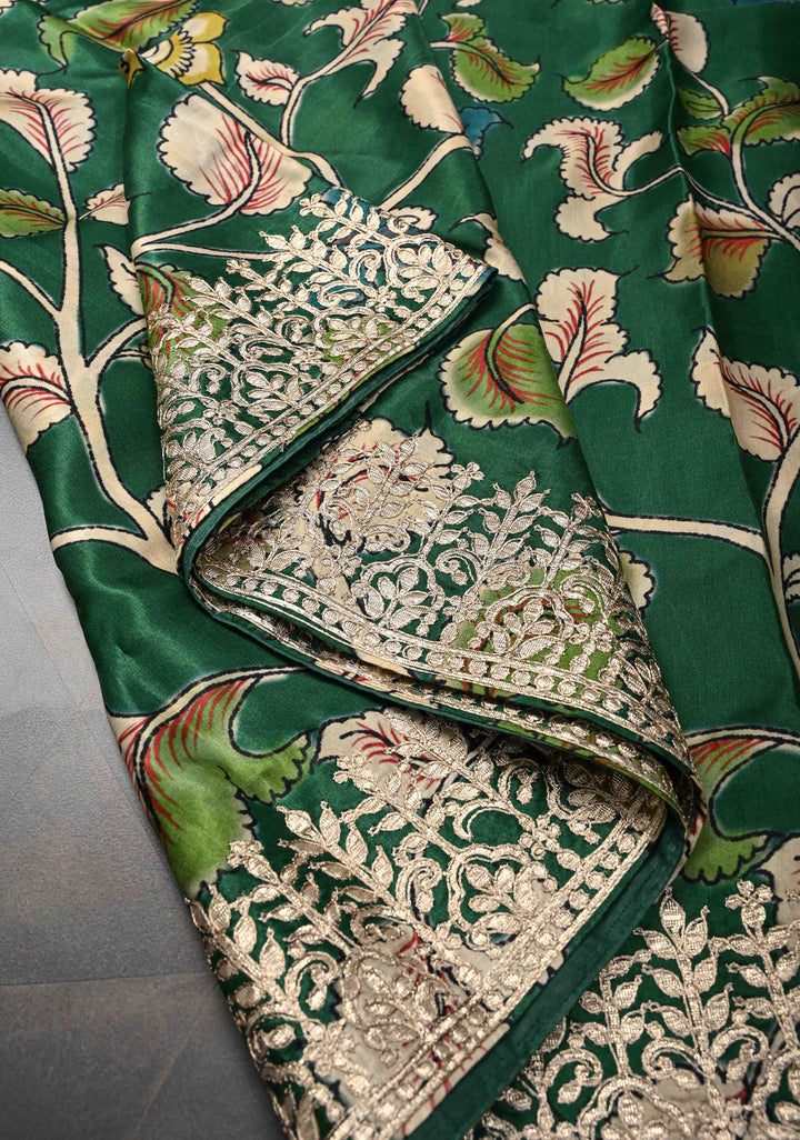 Green Gajji Silk Saree with Gotta Patti Border and Kalamkari Leaf Digital Print