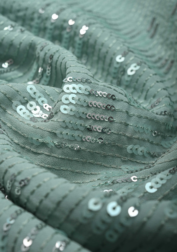 Pale Teal Full Sequins Embellished on Georgette Saree with Scalloped Border