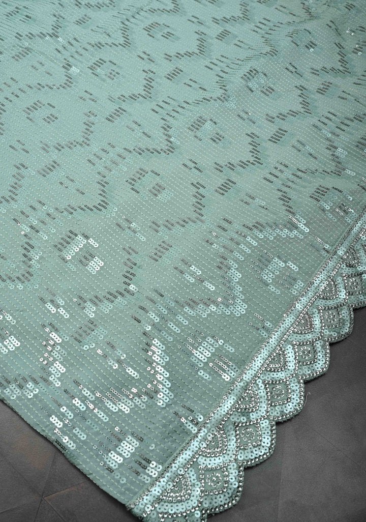 Pale Teal Full Sequins Embellished on Georgette Saree with Scalloped Border
