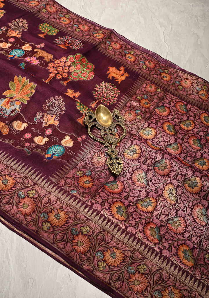 Plum Viscose Saree with Meenakari Shikaargah Brocade and Zari Border
